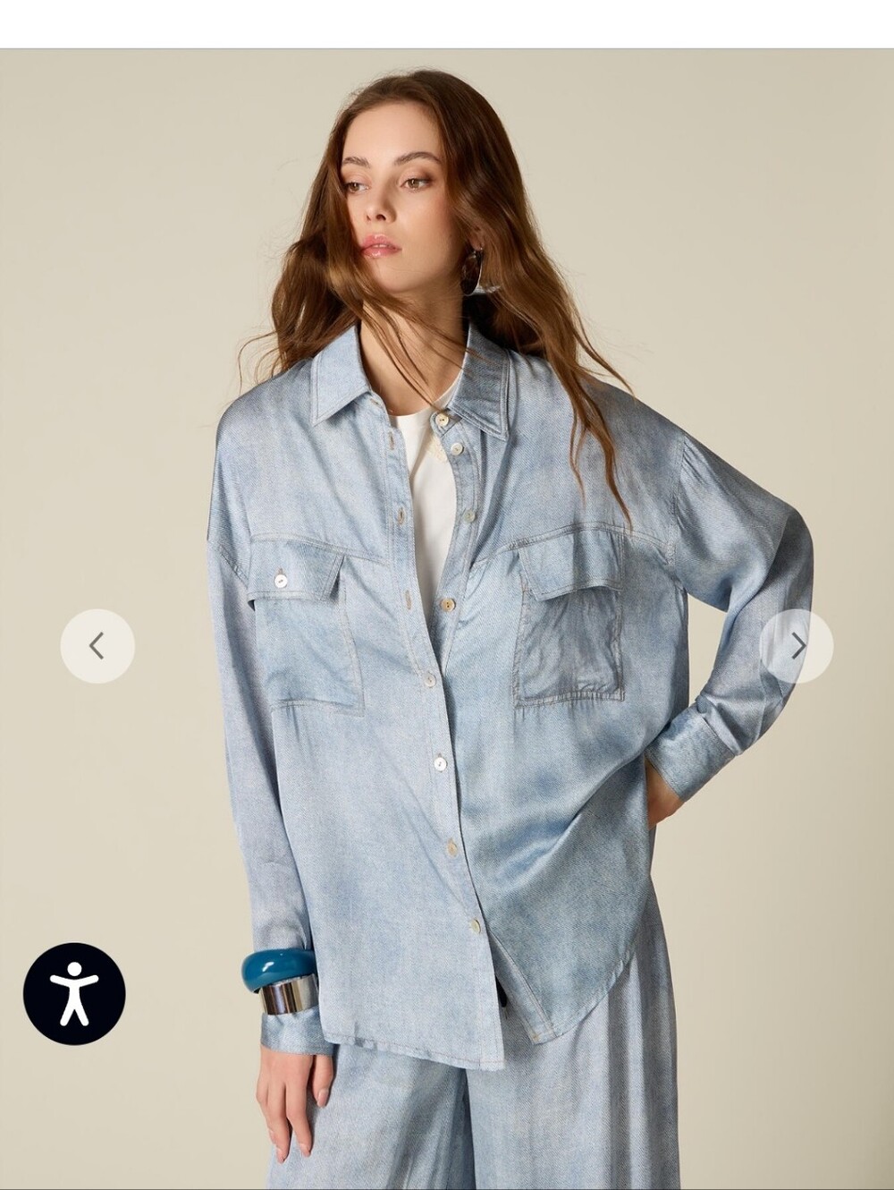 Oltre Denim Satin Button Front Shirt With Satin Denim Effect Size Large